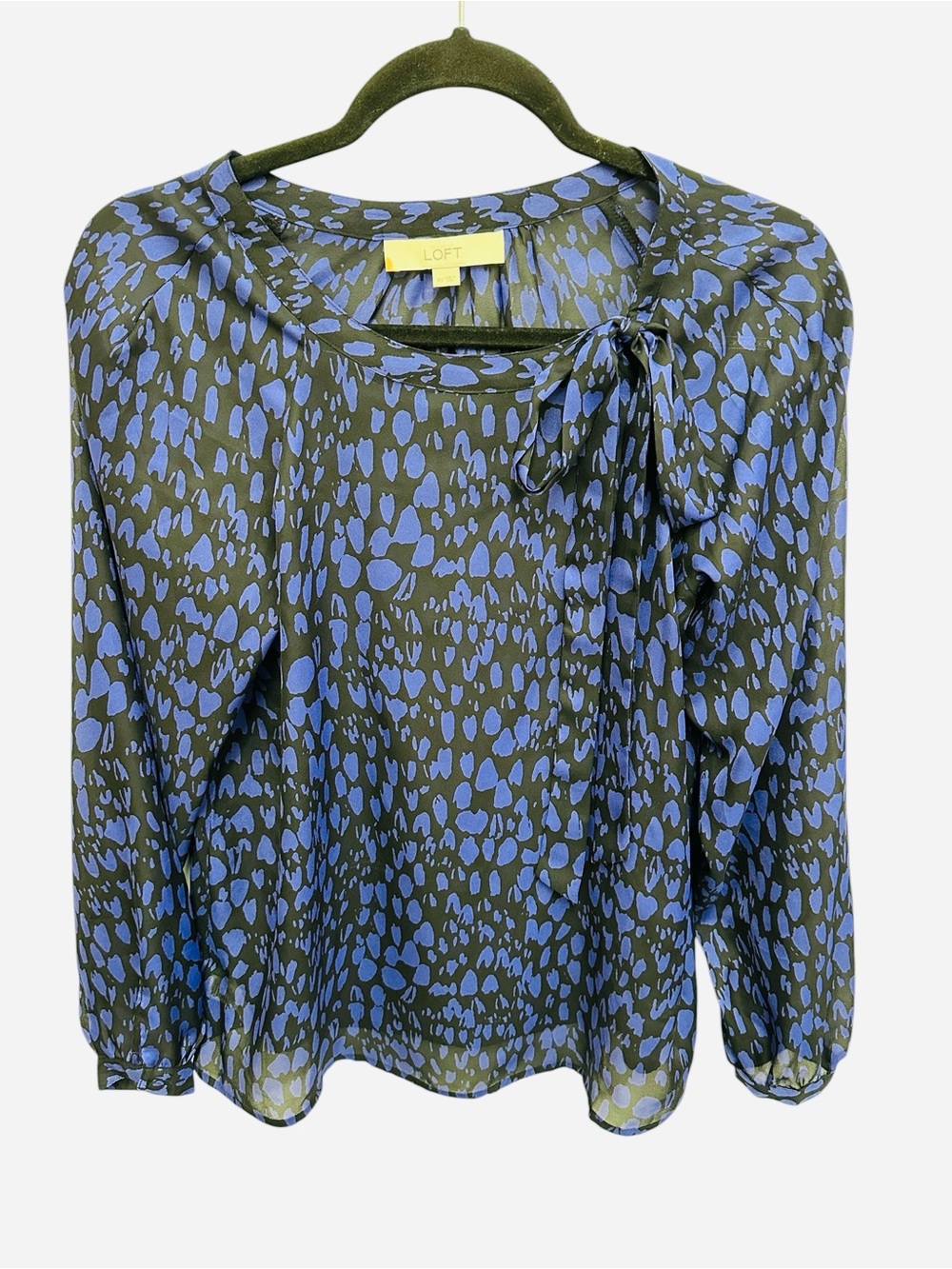 LOFT long sleeve tie neck blue and black animal print blouse Size XS